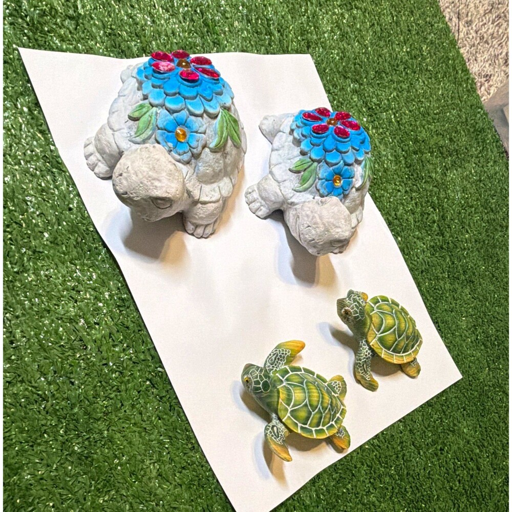 Set of 4 Decorative Painted Turtle Figurines, Blue & Green, 2 Large 2 Small